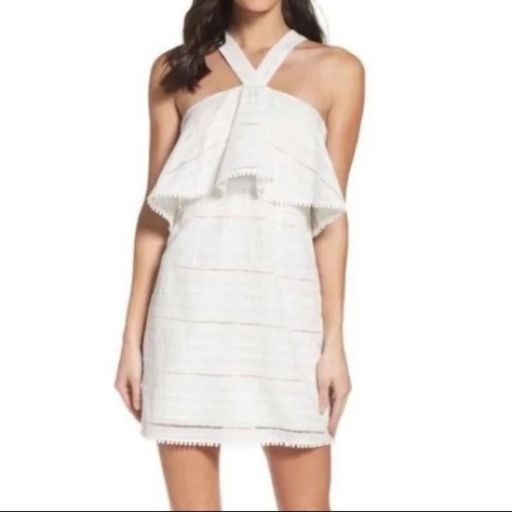 Foxiedox White Eyelet Embroidered Boho Halter Neck Ruffle Mini Dress Size M